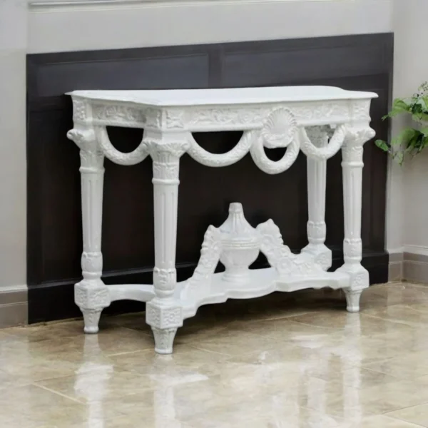 Baroque Style White Console Table – Ornate Hand-Carved Accent Furniture