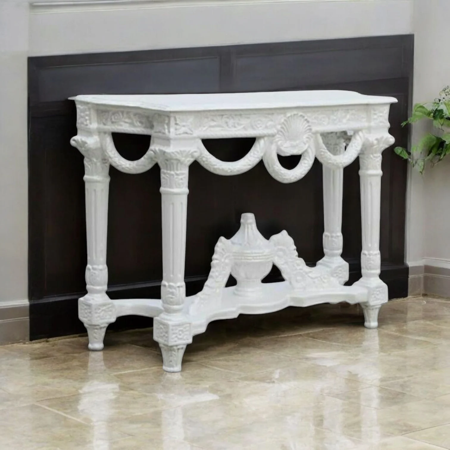 Baroque Style White Console Table – Ornate Hand-Carved Accent Furniture