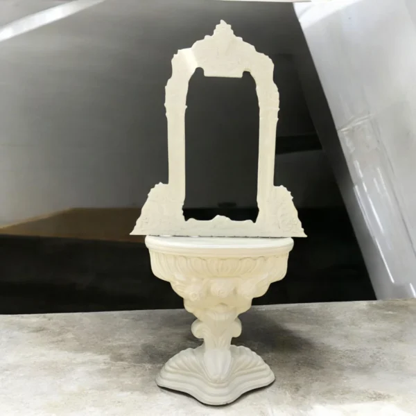 Traditional Off-White Pooja Stand with Ornate Backrest – Handcrafted Pedestal Temple Base