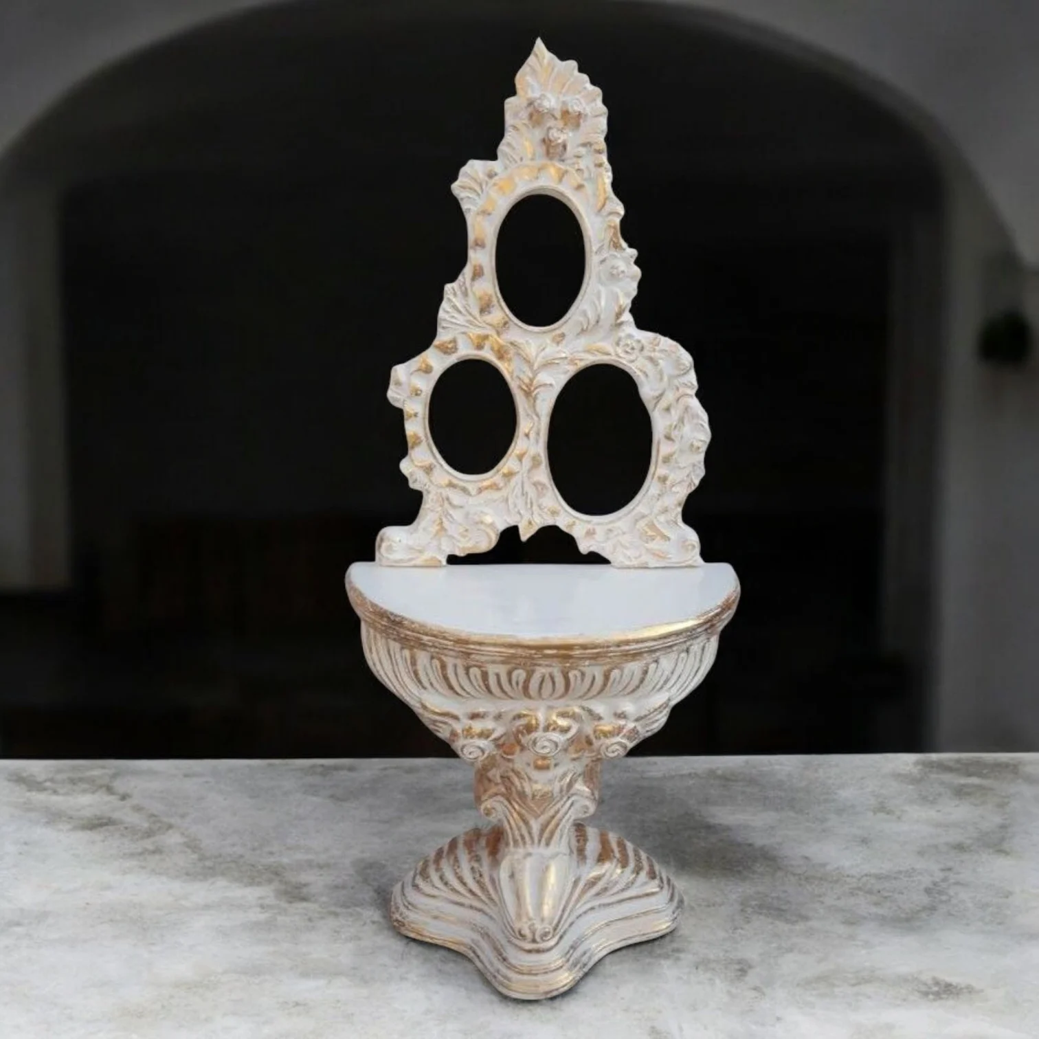 Antique White & Gold Ornate Pedestal Frame Stand – Triple Oval Display Stand for Photos or Idols