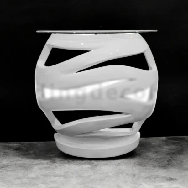 Modern Sculptural White Side Table with Glass Top – Abstract Spiral Design