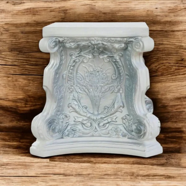 Ornate Vintage White Pedestal Stand – Baroque Floral Relief Accent Table